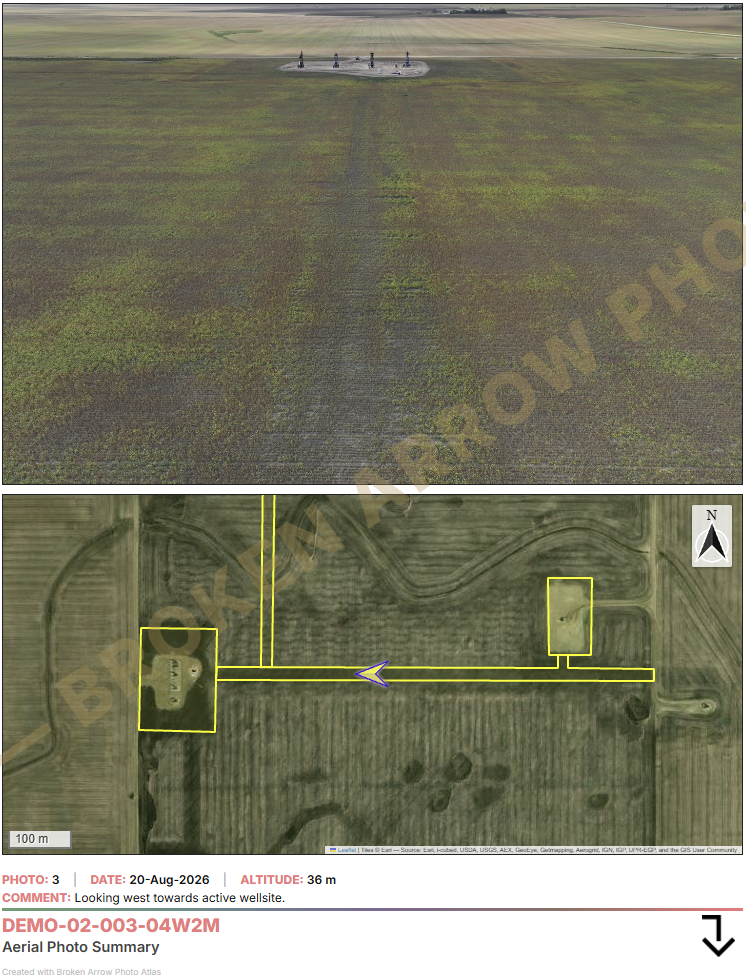 Portrait map atlas example with photo, satellite map, and field caption